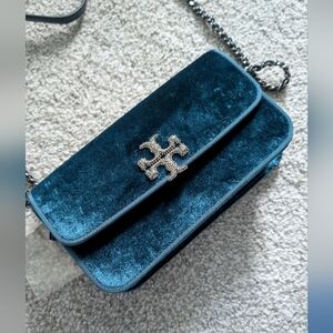 NWT Tory Burch Britten Teal Velvet And Leather WOC